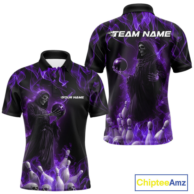 Custom Purple Flame Grim Reaper Bowling Polo Shirts For Men, Halloween Bowling Outfit IPHW9732