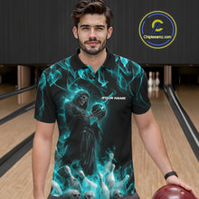 Load image into Gallery viewer, Custom Turquoise Blue Flame Grim Reaper Bowling Men Polo Shirts, Halloween Bowling Outfit IPHW9733