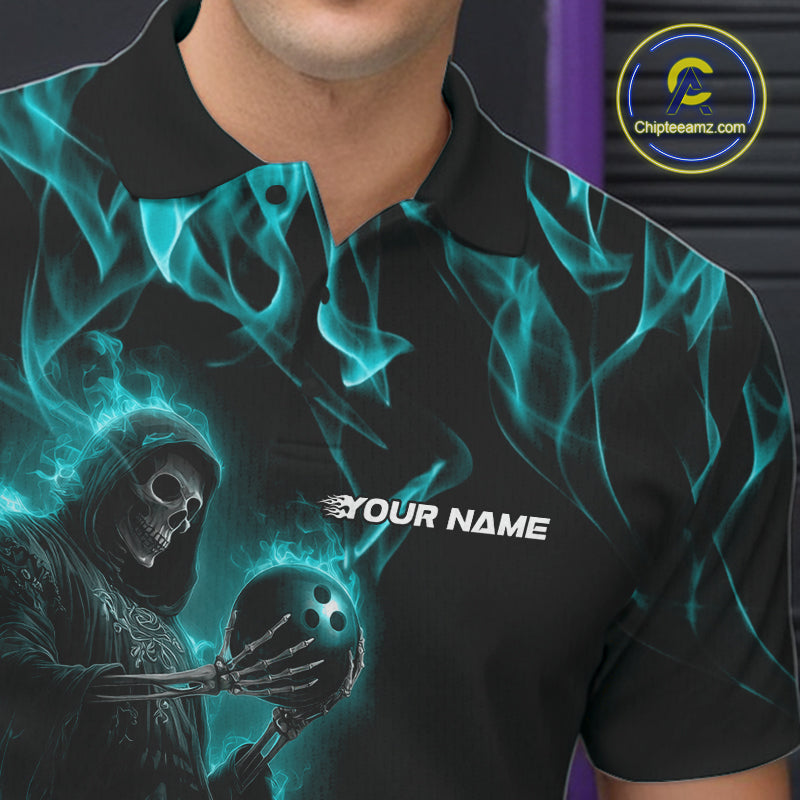 Custom Turquoise Blue Flame Grim Reaper Bowling Men Polo Shirts, Halloween Bowling Outfit IPHW9733