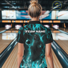 Load image into Gallery viewer, Custom Turquoise Blue Flame Grim Reaper Bowling Women Polo Shirts, Halloween Outfit IPHW9733