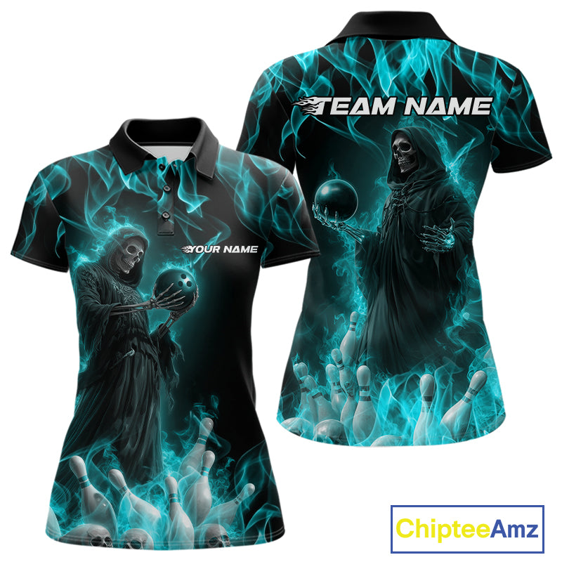 Custom Turquoise Blue Flame Grim Reaper Bowling Women Polo Shirts, Halloween Outfit IPHW9733