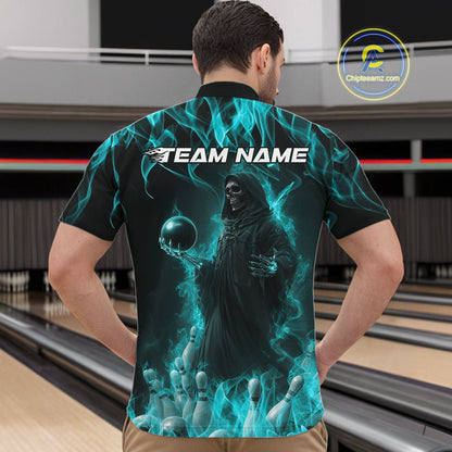 Custom Turquoise Blue Flame Grim Reaper Bowling Men Quarter-Zip Shirts, Halloween Bowling Outfit IPHW9733