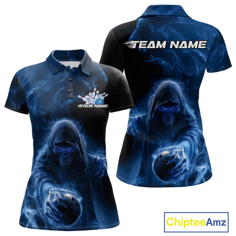 Custom Black And Blue Smoke Flame Grim Reaper Halloween Bowling Women Polo Shirts IPHW9739