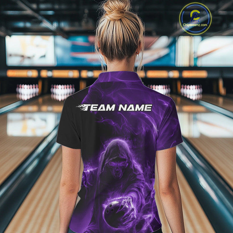 Custom Black And Purple Smoke Flame Grim Reaper Halloween Bowling Women Polo Shirts IPHW9740