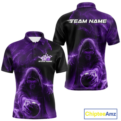 Custom Black And Purple Smoke Flame Grim Reaper Halloween Bowling Men Polo Shirts IPHW9740
