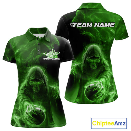 Custom Black And Green Smoke Flame Grim Reaper Halloween Bowling Women Polo Shirts IPHW9741