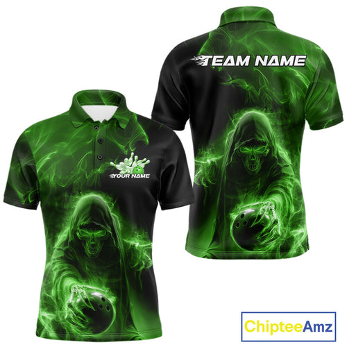 Custom Black And Green Smoke Flame Grim Reaper Halloween Bowling Men Polo Shirts IPHW9741