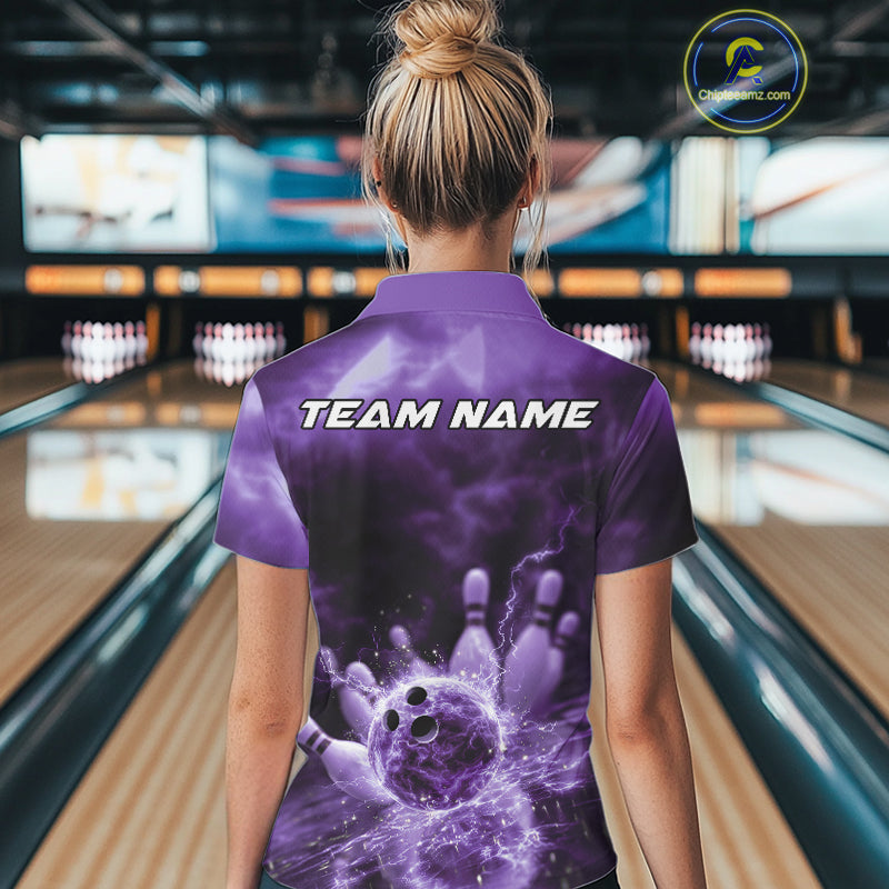 Custom Purple Thunder Lightning Bowling Team Women Polo Shirts, Bowling Jerseys IPHW9748