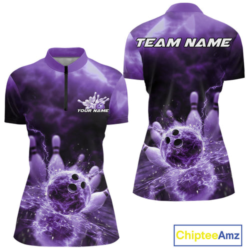 Custom Purple Thunder Lightning Bowling Team Women Quarter-Zip Shirts, Bowling Jerseys IPHW9748