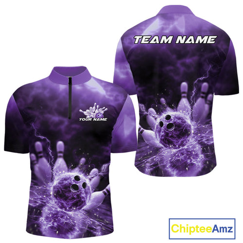 Custom Purple Thunder Lightning Bowling Team Men Quarter-Zip Shirts, Bowling Jerseys IPHW9748