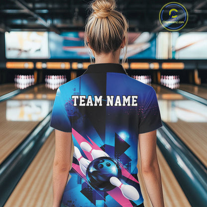 Custom Blue And Pink Futuristic Bowling Polo Team Shirts For Women, Bowling League Shirt IPHW9513