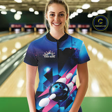 Load image into Gallery viewer, Custom Blue And Pink Futuristic Bowling Quarter-Zip Shirt For Women, Bowling League Shirt IPHW9513