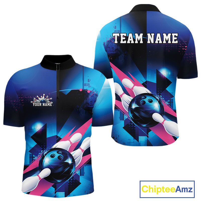 Custom Blue And Pink Futuristic Bowling Quarter-Zip Team Shirts For Men, Bowling League Shirt IPHW9513
