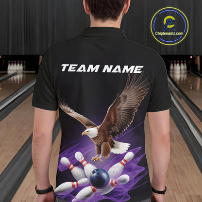 Custom Purple Flame Eagle Bowling Team Polo Shirts For Men, Bowling Tournament Shirt IPHW9369