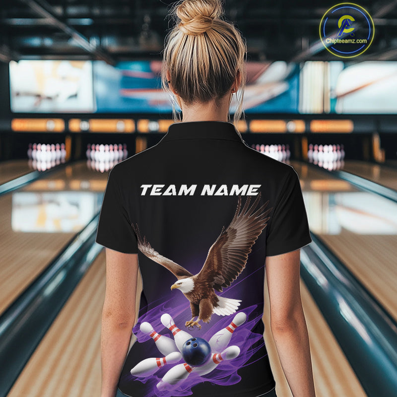 Custom Purple Flame Eagle Bowling Team Women Quarter-Zip Shirts, Bowling Tournament Shirt IPHW9369