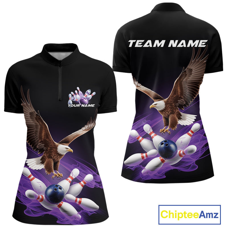 Custom Purple Flame Eagle Bowling Team Women Quarter-Zip Shirts, Bowling Tournament Shirt IPHW9369