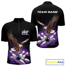 Load image into Gallery viewer, Custom Purple Flame Eagle Bowling Team Quarter-Zip Shirts For Men, Bowling Tournament Shirt IPHW9369