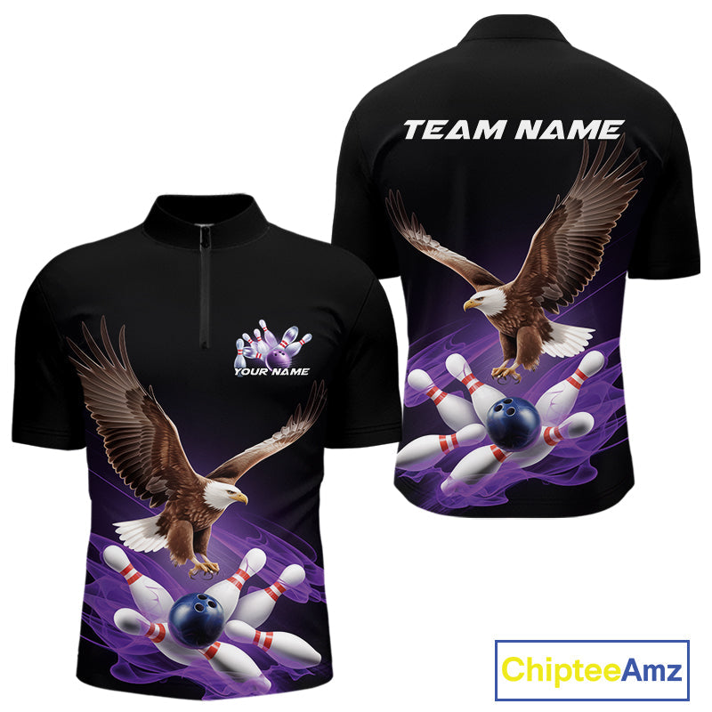 Custom Purple Flame Eagle Bowling Team Quarter-Zip Shirts For Men, Bowling Tournament Shirt IPHW9369