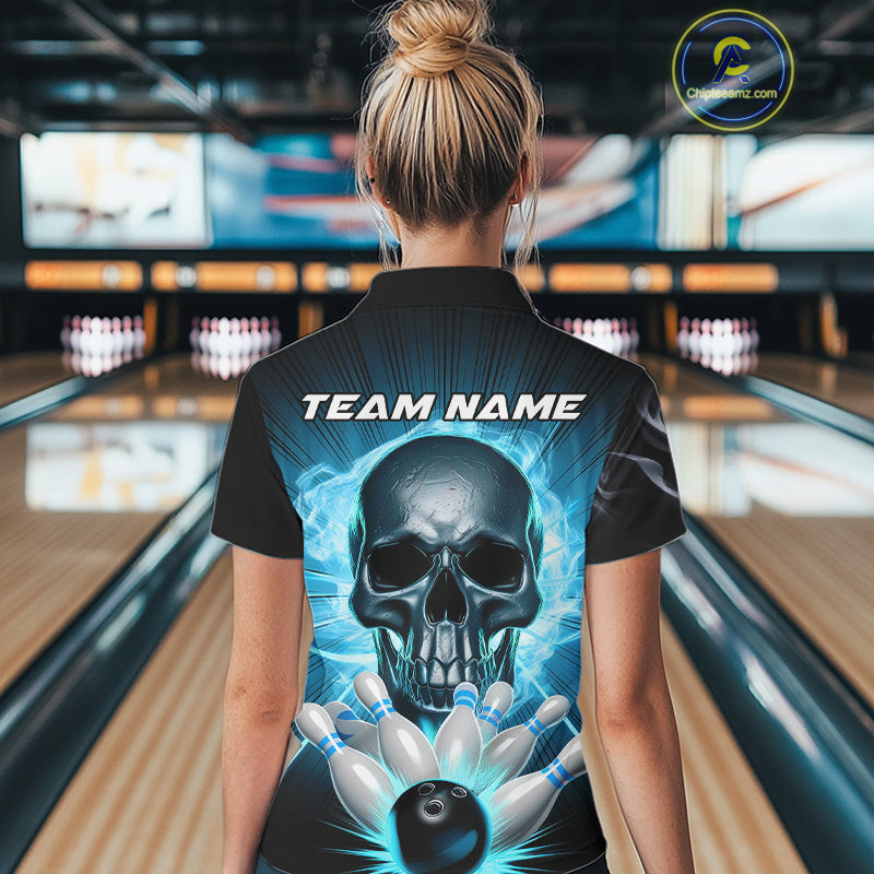 Custom Blue Glowing Ghostly Skull Bowling Polo Shirts For Women, Halloween Bowlers Outfit IPHW9515