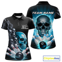 Load image into Gallery viewer, Custom Blue Glowing Ghostly Skull Bowling Polo Shirts For Women, Halloween Bowlers Outfit IPHW9515