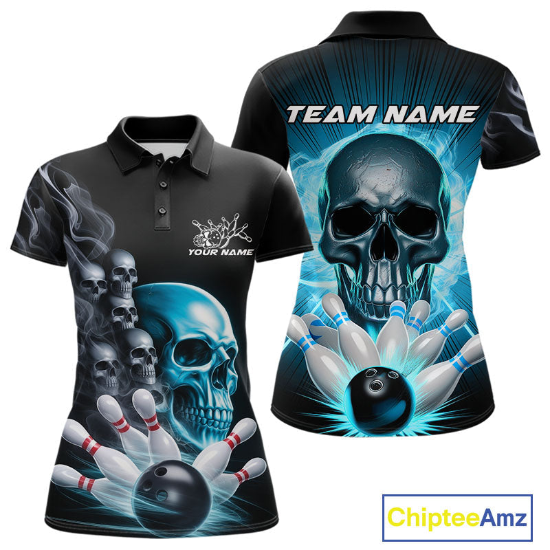 Custom Blue Glowing Ghostly Skull Bowling Polo Shirts For Women, Halloween Bowlers Outfit IPHW9515
