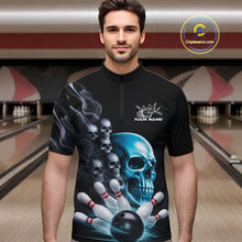 Load image into Gallery viewer, Custom Blue Glowing Ghostly Skull Bowling Quarter-Zip Shirts For Men, Halloween Bowlers Outfit IPHW9515