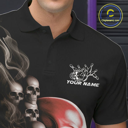 Custom Red Glowing Ghostly Skull Bowling Polo Shirts For Men, Halloween Bowlers Outfit IPHW9516