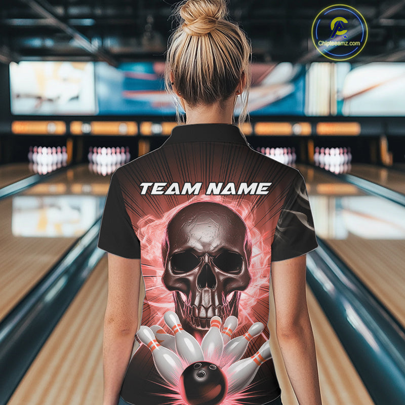 Custom Red Glowing Ghostly Skull Bowling Polo Shirts For Women, Halloween Bowlers Outfit IPHW9516