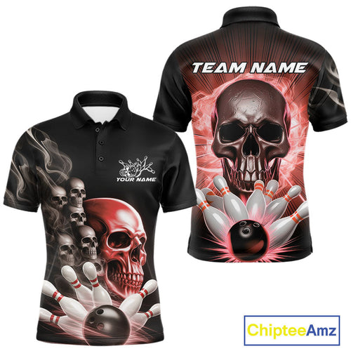 Custom Red Glowing Ghostly Skull Bowling Polo Shirts For Men, Halloween Bowlers Outfit IPHW9516