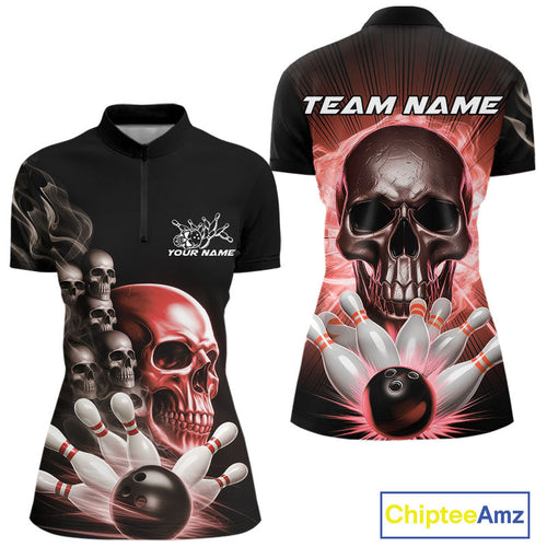 Custom Red Glowing Ghostly Skull Bowling Women Quarter-Zip Shirt, Halloween Outfit IPHW9516