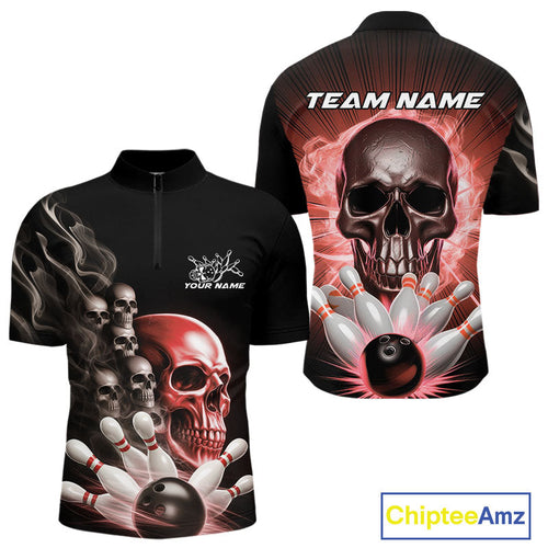 Custom Red Glowing Ghostly Skull Bowling Quarter-Zip Shirts For Men, Halloween Bowlers Outfit IPHW9516