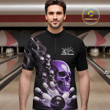 Load image into Gallery viewer, Custom Purple Glowing Ghostly Skull Bowling Quarter-Zip Shirts For Men, Halloween Bowlers Outfit IPHW9517