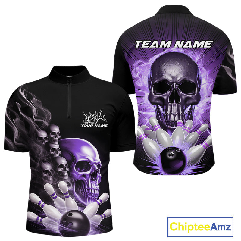 Custom Purple Glowing Ghostly Skull Bowling Quarter-Zip Shirts For Men, Halloween Bowlers Outfit IPHW9517