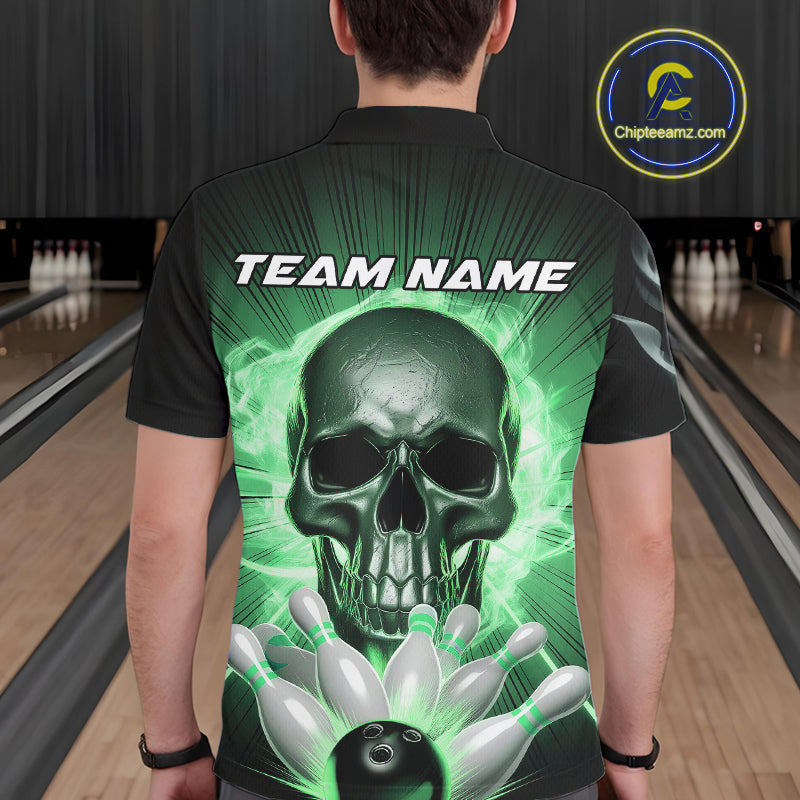 Custom Green Glowing Ghostly Skull Bowling Polo Shirts For Men, Halloween Bowlers Outfit IPHW9518
