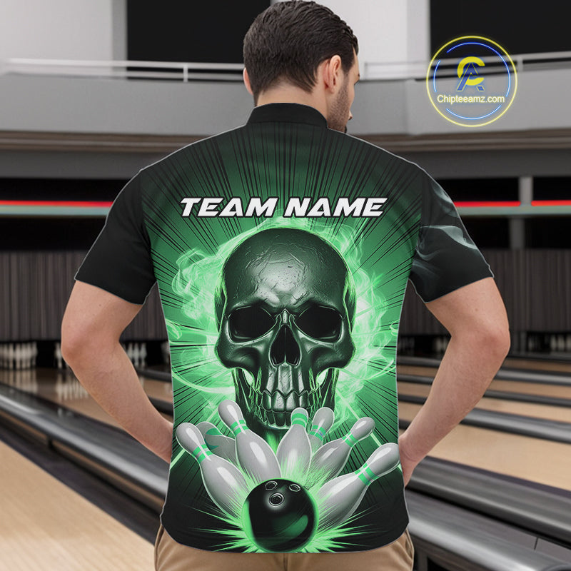 Custom Green Glowing Ghostly Skull Bowling Quarter-Zip Shirts For Men, Halloween Bowlers Outfit IPHW9518