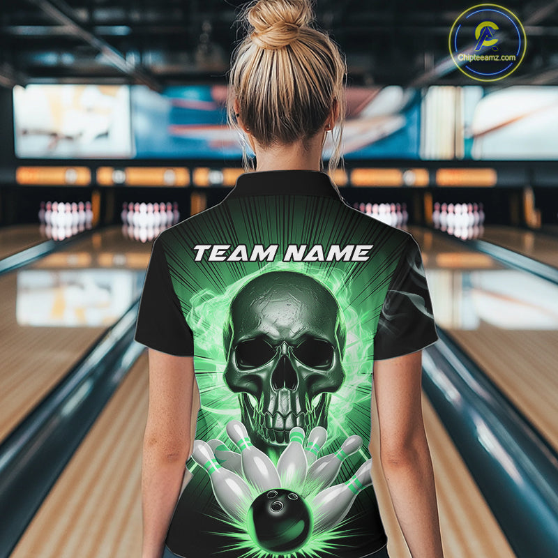 Custom Green Glowing Ghostly Skull Bowling Women Quarter-Zip Shirt, Halloween Outfit IPHW9518