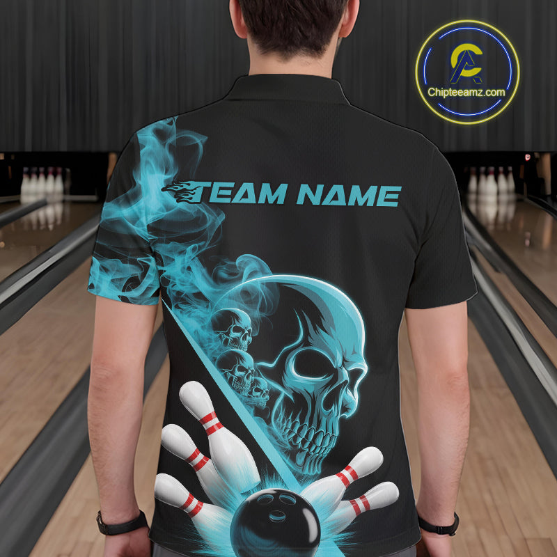 Custom Blue Smoke Skull Men Bowling Team Polo Shirts, Hallowen Bowlers Jerseys IPHW9523