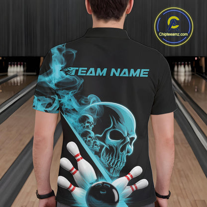 Custom Blue Smoke Skull Men Bowling Team Polo Shirts, Hallowen Bowlers Jerseys IPHW9523