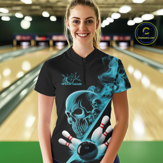 Custom Blue Smoke Skull Women Bowling Team Quarter-Zip Shirts, Hallowen Bowlers Jerseys IPHW9523