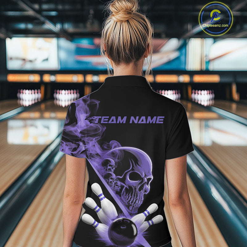 Custom Purple Smoke Skull Women Bowling Team Quarter-Zip Shirts, Hallowen Bowlers Jerseys IPHW9525