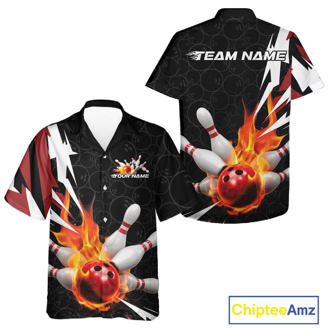 Custom Fiery Red Bowling Men Hawaiian Shirts, Inferno Flame Bowling Team League Shirt IPHW9526