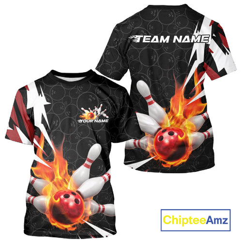 Custom Fiery Red Bowling Men T-Shirts Shirts, Inferno Flame Bowling Team League IPHW9526