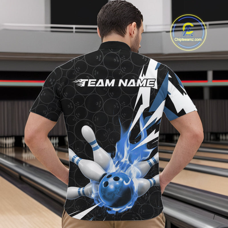 Custom Fiery Blue Bowling Men Quarter-Zip Shirts, Inferno Flame Bowling Team League Shirt IPHW9527
