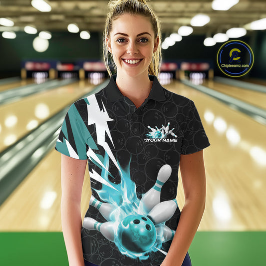 Custom Fiery Pine Green Bowling Women Polo Shirt, Inferno Flame Bowling Team League Shirt IPHW9528
