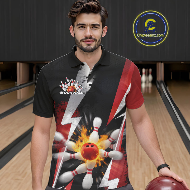 Custom Fiery Red Bowling Men Polo Team Shirts, Fire Flame Bowling Jerseys Bowler Outfit IPHW9529
