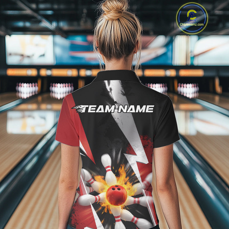 Custom Fiery Red Bowling Women Polo Team Shirts, Fire Flame Bowling Jerseys Bowler Outfit IPHW9529
