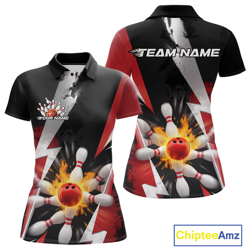 Custom Fiery Red Bowling Women Polo Team Shirts, Fire Flame Bowling Jerseys Bowler Outfit IPHW9529