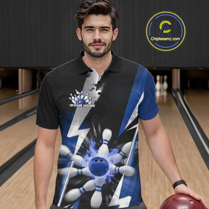 Custom Fiery Blue Bowling Men Polo Team Shirts, Fire Flame Bowling Jerseys Bowler Outfit IPHW9530