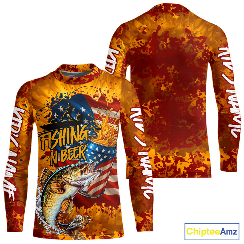 Custom US Flag Patriotic Walleye Fishing N Beer Kid Long Sleeve Camo Fishing Shirts IPHW9192