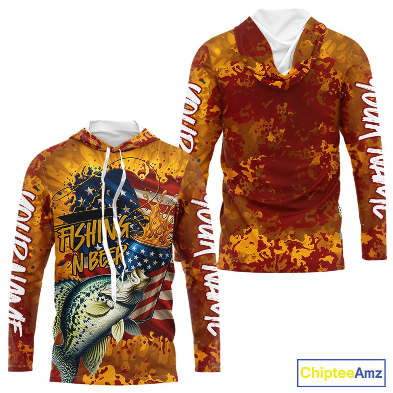 Custom US Flag Patriotic Crappie Fishing N Beer Long Sleeve Hooded Camo Fishing Shirts IPHW9193